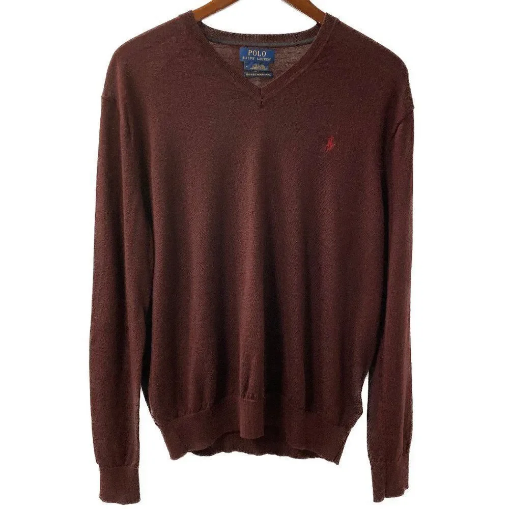Polo Ralph Lauren Maroon Washable Merino Wool V-Neck Sweater Size Medium